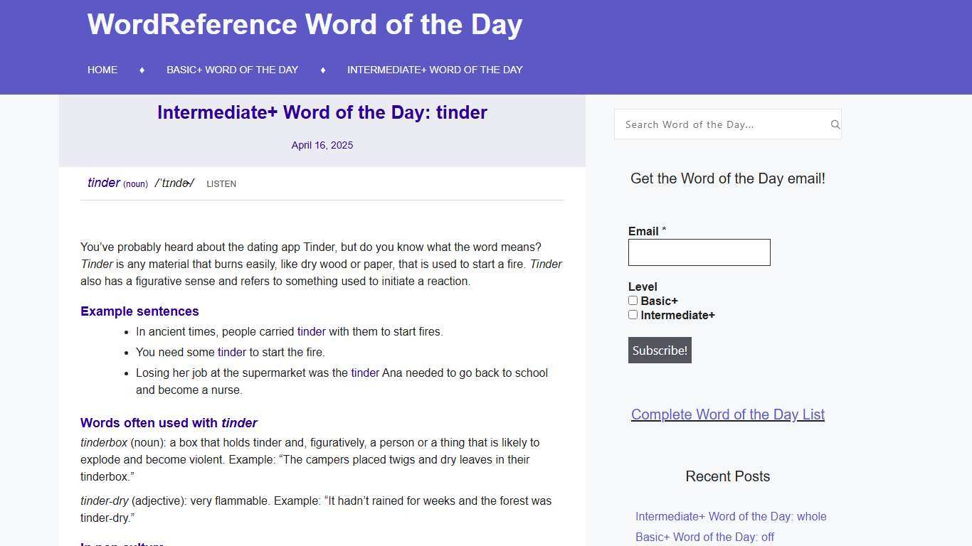 Intermediate+ Word of the Day: tinder – WordReference Word of the Day
